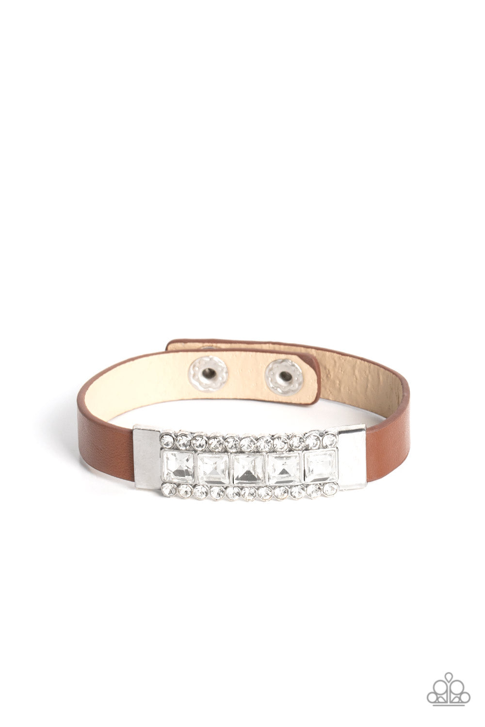 Paparazzi Accessories Rebel Reputation - Brown Flanked between two rows of glassy white rhinestones, a section of square cut white rhinestones adorns the center of a silver frame that attaches to a dainty brown leather band around the wrist for a sassy sp