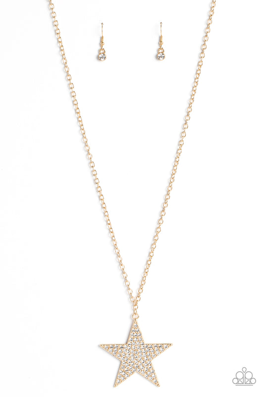 Paparazzi Accessories Rock Star Sparkle - Gold The front of an oversized gold star is encrusted in blinding white rhinestones, resulting in a stellar pendant at the bottom of a lengthened gold chain. Features an adjustable clasp closure. Sold as one indiv