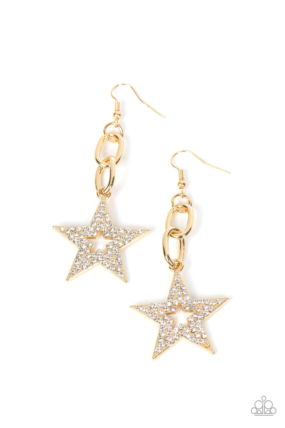 Paparazzi Accessories Cosmic Celebrity - Gold Glassy white rhinestones scatter across the front of a gold star at the bottom of a chunky gold chain, resulting in a stellar lure. Earring attaches to a standard fishhook fitting. Sold as one pair of earrings