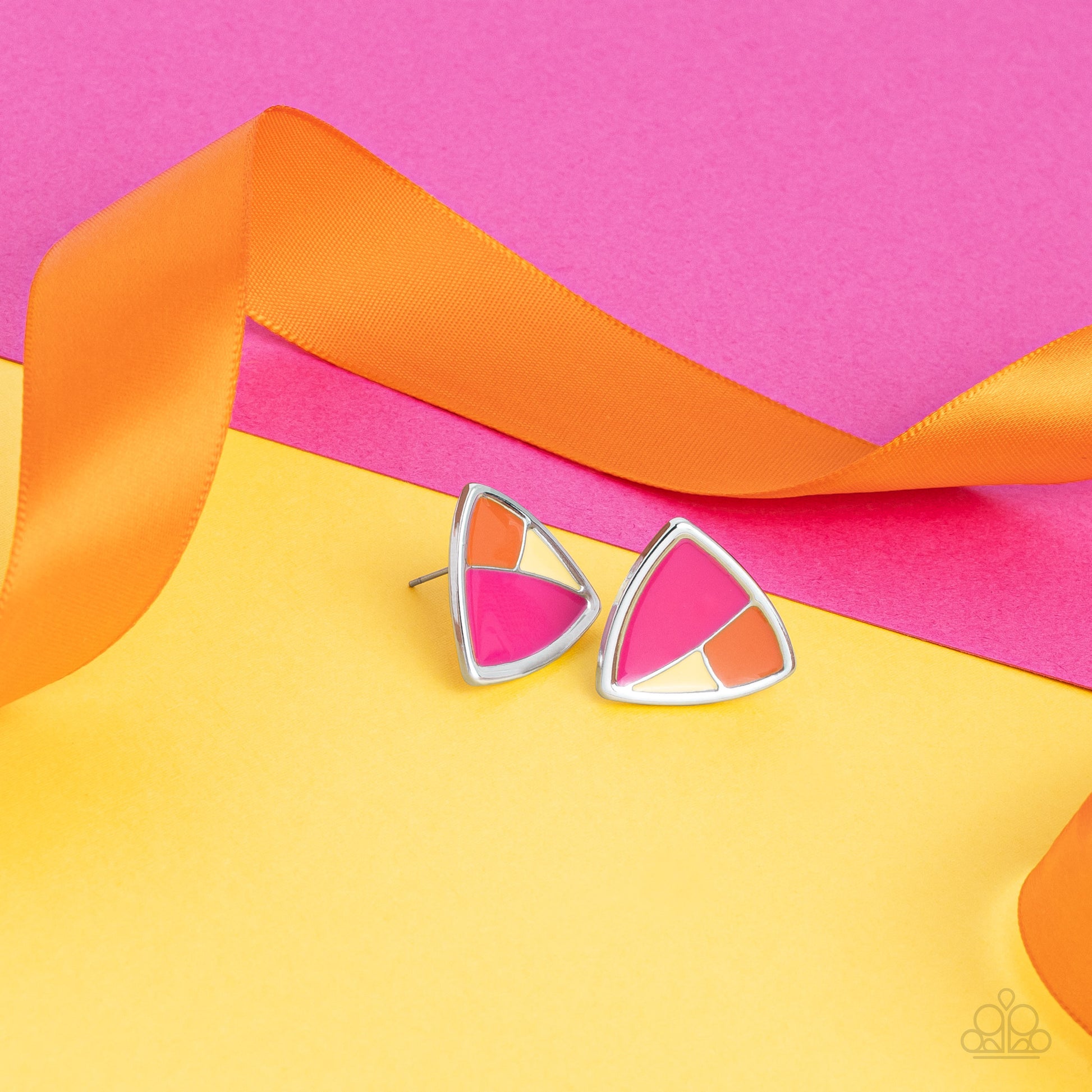 Paparazzi Accessories Kaleidoscopic Collision - Multi A collision of Daffodil, Innuendo, and orange painted accents beam inside an asymmetric triangular frame for a contemporary pop of color. Earring attaches to a standard post fitting. Sold as one pair o