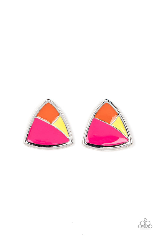 Paparazzi Accessories Kaleidoscopic Collision - Multi A collision of Daffodil, Innuendo, and orange painted accents beam inside an asymmetric triangular frame for a contemporary pop of color. Earring attaches to a standard post fitting. Sold as one pair o