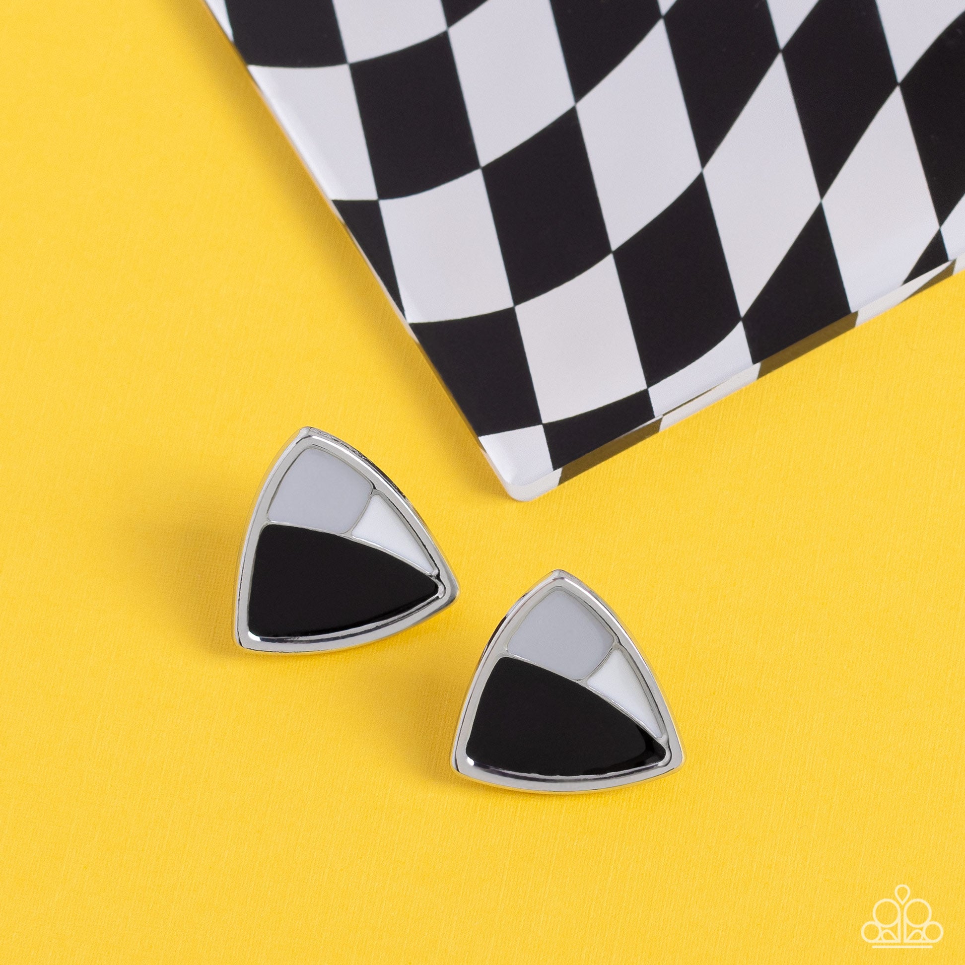 Paparazzi Accessories Kaleidoscopic Collision - Black A collision of Northern Droplet, black, and white painted accents beam inside an asymmetric triangular frame for a contemporary pop of color. Earring attaches to a standard post fitting. Sold as one pa