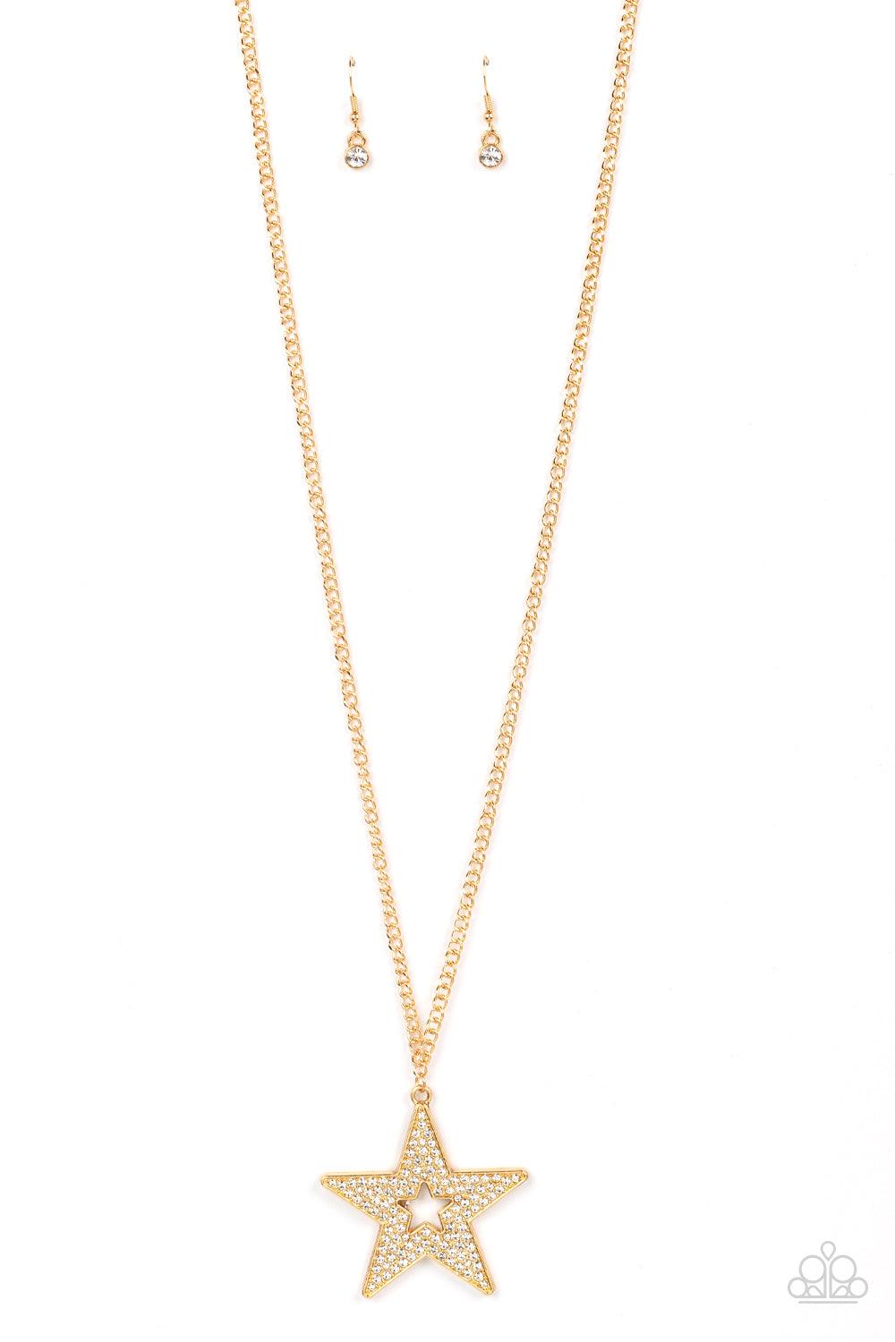 Paparazzi Accessories Superstar Stylist - Gold Blinding white rhinestones are encrusted across the front of an oversized gold star frame at the bottom of a lengthened gold chain, resulting in a stellar sparkle. Features an adjustable clasp closure. Sold a