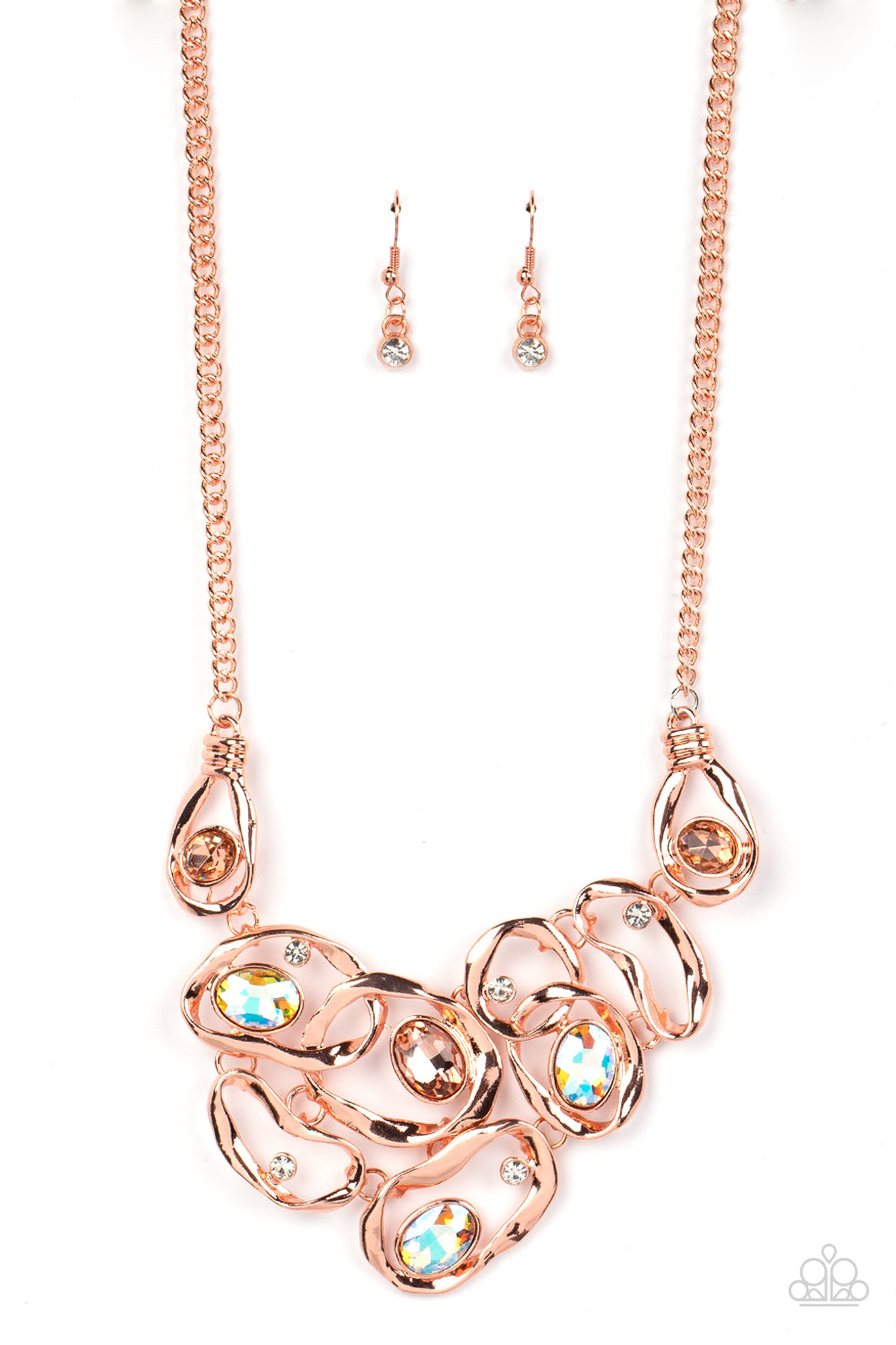Paparazzi Accessories Warp Speed - Copper Warped shiny copper frames asymmetrically curl around dainty white rhinestones and peach and iridescent gem accents, interlocking into a contemporary statement piece below the collar. Features an adjustable clasp