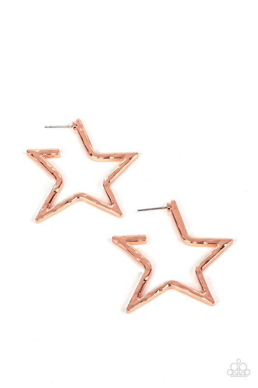 Paparazzi Accessories All-Star Attitude - Copper A hammered shiny copper bar delicately folds into a star-shaped hoop, resulting in a stellar metallic shimmer. Earring attaches to a standard post fitting. Sold as one pair of hoop earrings. Earrings