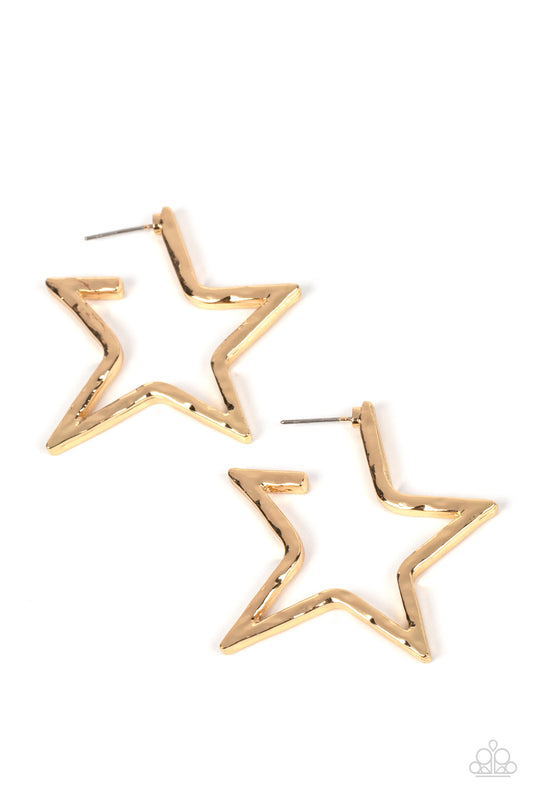 Paparazzi Accessories All-Star Attitude - Gold A hammered gold bar delicately folds into a star-shaped hoop, resulting in a stellar metallic shimmer. Earring attaches to a standard post fitting. Sold as one pair of hoop earrings. Jewelry