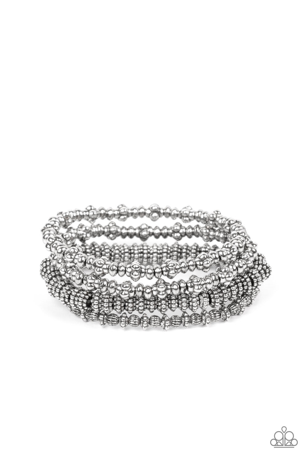 Paparazzi Accessories Country Charmer - Silver An antiqued assortment of studded, round, and decorative silver beads are threaded along stretchy bands around the wrist, creating rustic layers. Sold as one set of four bracelets. Bracelets