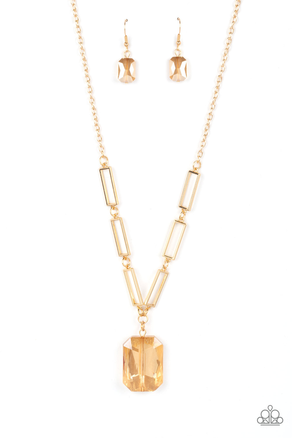 Paparazzi Accessories You Better Recognize - Gold Airy rectangle gold frames delicately link below the collar, giving way to a dramatically oversized golden emerald cut gem for a statement-making sparkle. Features an adjustable clasp closure. Sold as one