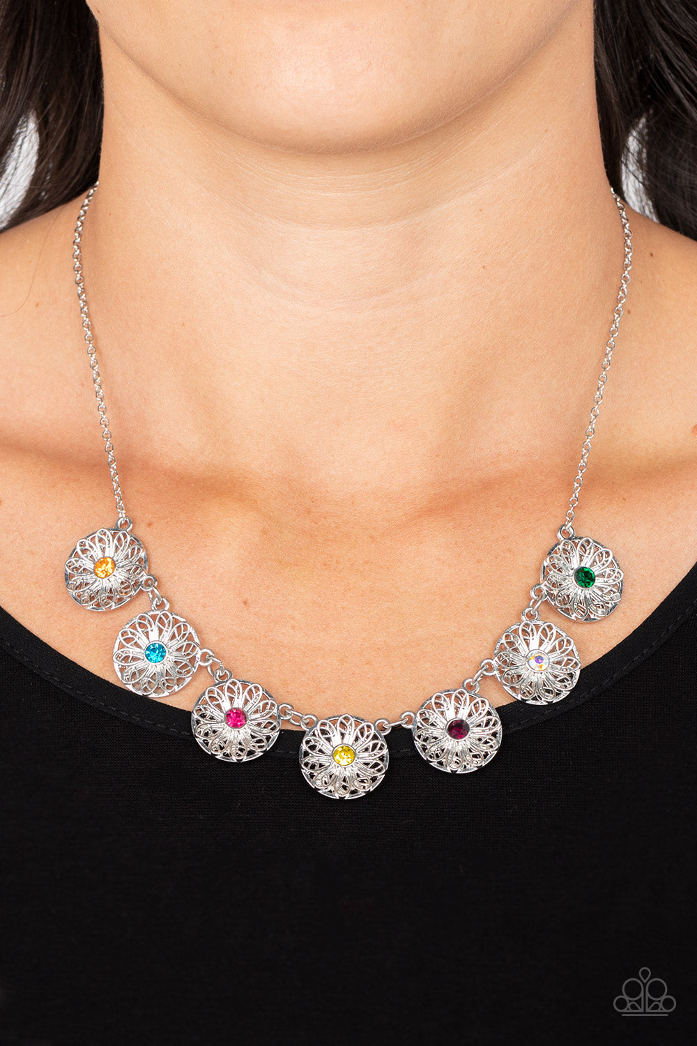 Paparazzi Accessories Garden Greetings - Multi Dotted with colorful rhinestone centers, decorative silver flowers bloom from circular silver frames as they link below the collar for a flirtatious floral fashion. Features an adjustable clasp closure. Sold