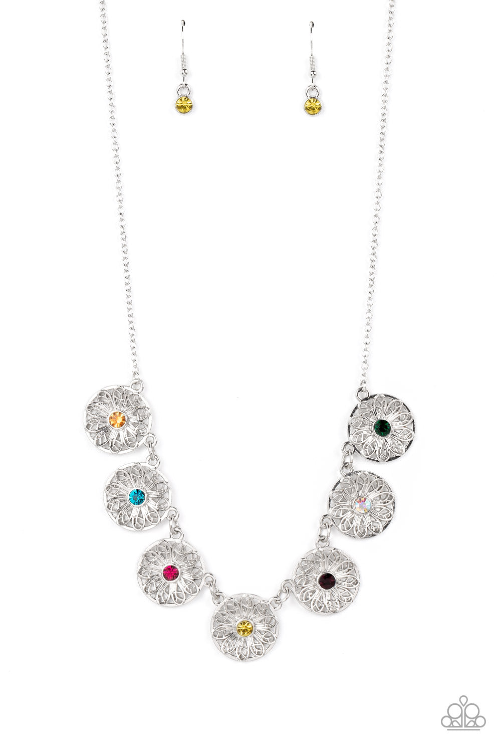 Paparazzi Accessories Garden Greetings - Multi Dotted with colorful rhinestone centers, decorative silver flowers bloom from circular silver frames as they link below the collar for a flirtatious floral fashion. Features an adjustable clasp closure. Sold