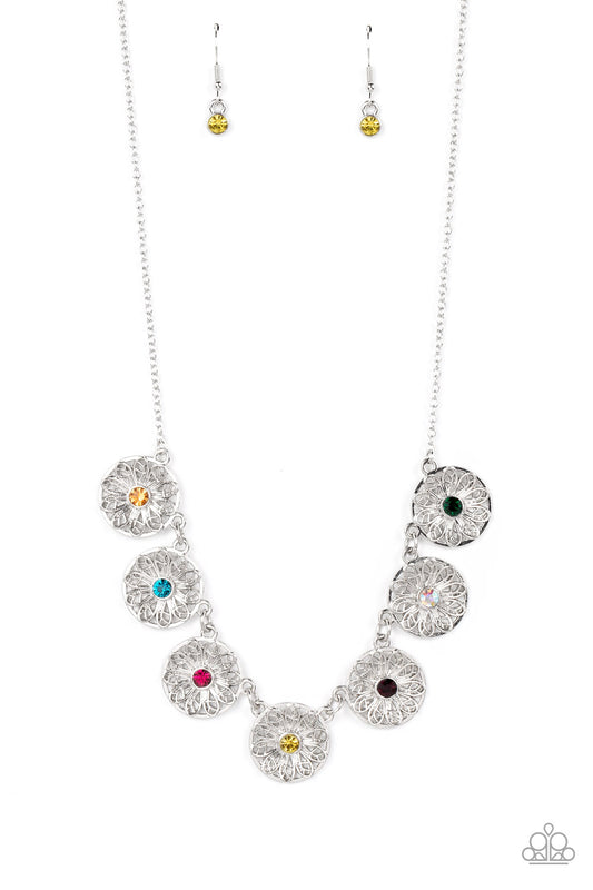 Paparazzi Accessories Garden Greetings - Multi Dotted with colorful rhinestone centers, decorative silver flowers bloom from circular silver frames as they link below the collar for a flirtatious floral fashion. Features an adjustable clasp closure. Sold