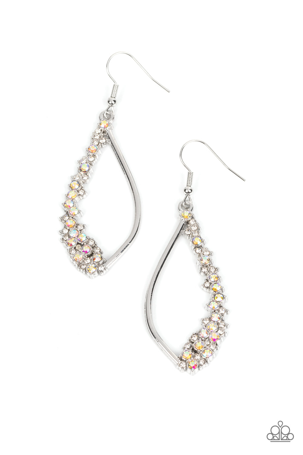 Paparazzi Accessories Sparkly Side Effects - Multi Set in silver pronged fittings, dainty white and iridescent rhinestones tumble down one side of an airy silver lure for a bubbly blast of sparkle. Earring attaches to a standard fishhook fitting. Due to i