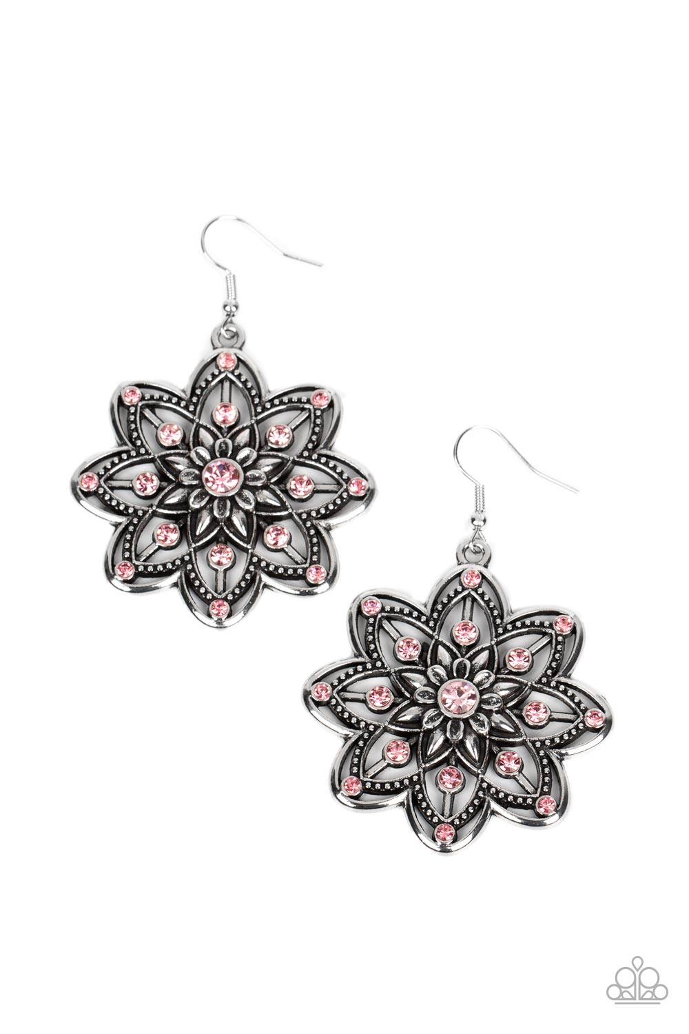 Paparazzi Accessories Prismatic Perennial - Pink Dotted in Gossamer Pink rhinestones, rows of smooth and studded silver petals bloom from a Gossamer Pink rhinestone center for a whimsical floral fashion. Earring attaches to a standard fishhook fitting. So