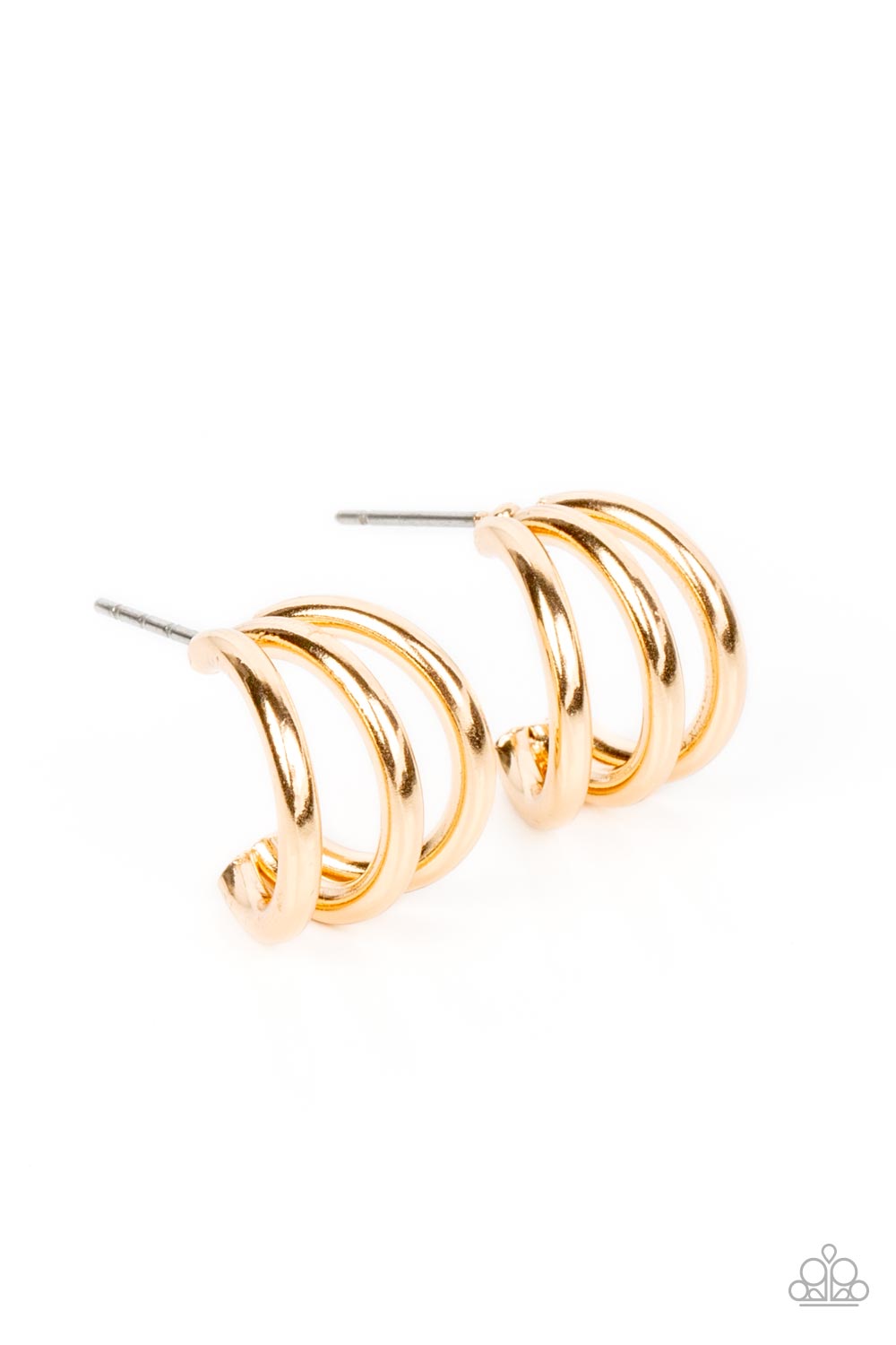 Paparazzi Accessories TRIPLE Down - Gold Three dainty gold frames curve into a single hoop, creating a layered peek of shimmer. Earring attaches to a standard post fitting. Hoop measures approximately 1/2" in diameter. Sold as one pair of hoop earrings. J