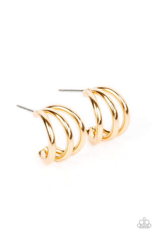 Paparazzi Accessories TRIPLE Down - Gold Three dainty gold frames curve into a single hoop, creating a layered peek of shimmer. Earring attaches to a standard post fitting. Hoop measures approximately 1/2" in diameter. Sold as one pair of hoop earrings. J