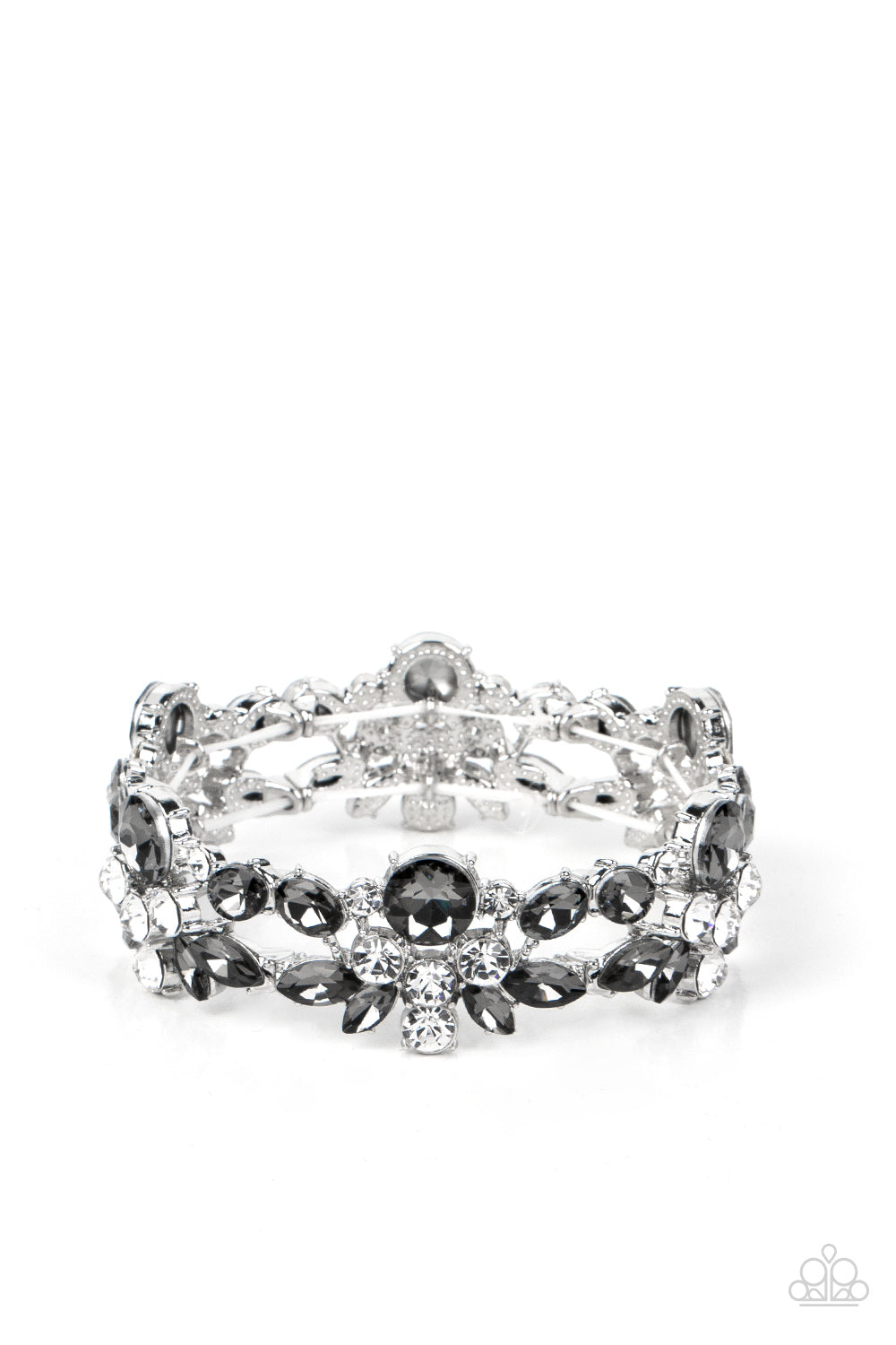 Paparazzi Accessories Beloved Bling - Silver Crowned with a smoky rhinestone, stacks of classic white and smoky marquise cut rhinestones coalesce into scintillating clusters. The glassy clusters are threaded along stretchy bands creating a dazzling displa