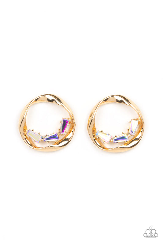 Paparazzi Accessories Imperfect Illumination - Multi Featuring trapezoidal cuts, a trio of iridescent rhinestones sparkles along the bottom of a warped gold hoop for a timeless twist. Earring attaches to a standard post fitting. Due to its prismatic palet