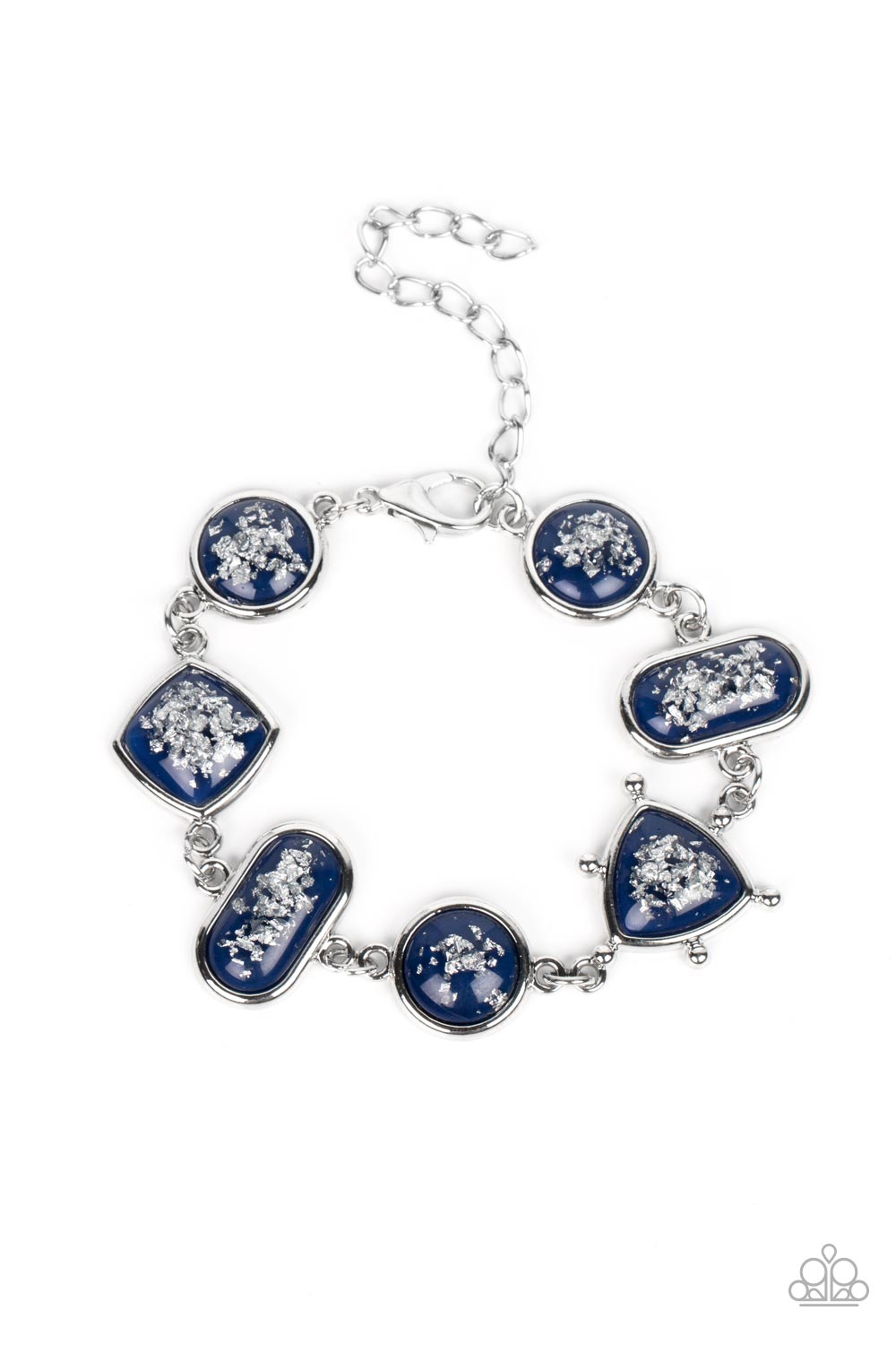 Paparazzi Accessories Speckled Shimmer - Blue Glassy blue beads speckled in flecks of silver shimmer delicately connect around the wrist in a glitzy geometric display. Features an adjustable clasp closure. Sold as one individual bracelet. Get The Complete