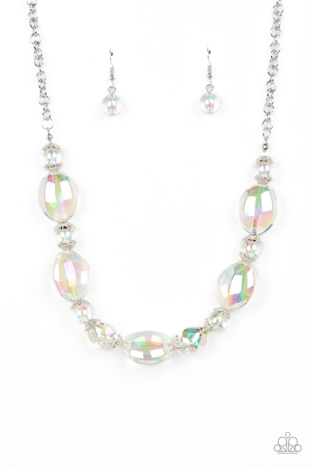 Paparazzi Accessories Prismatic Magic - Multi Clasped between silver accents dainty and large bubbly iridescent beads drape around the collar, creating a glittery magical effect. Features an adjustable clasp closure. Due to its prismatic palette, color ma