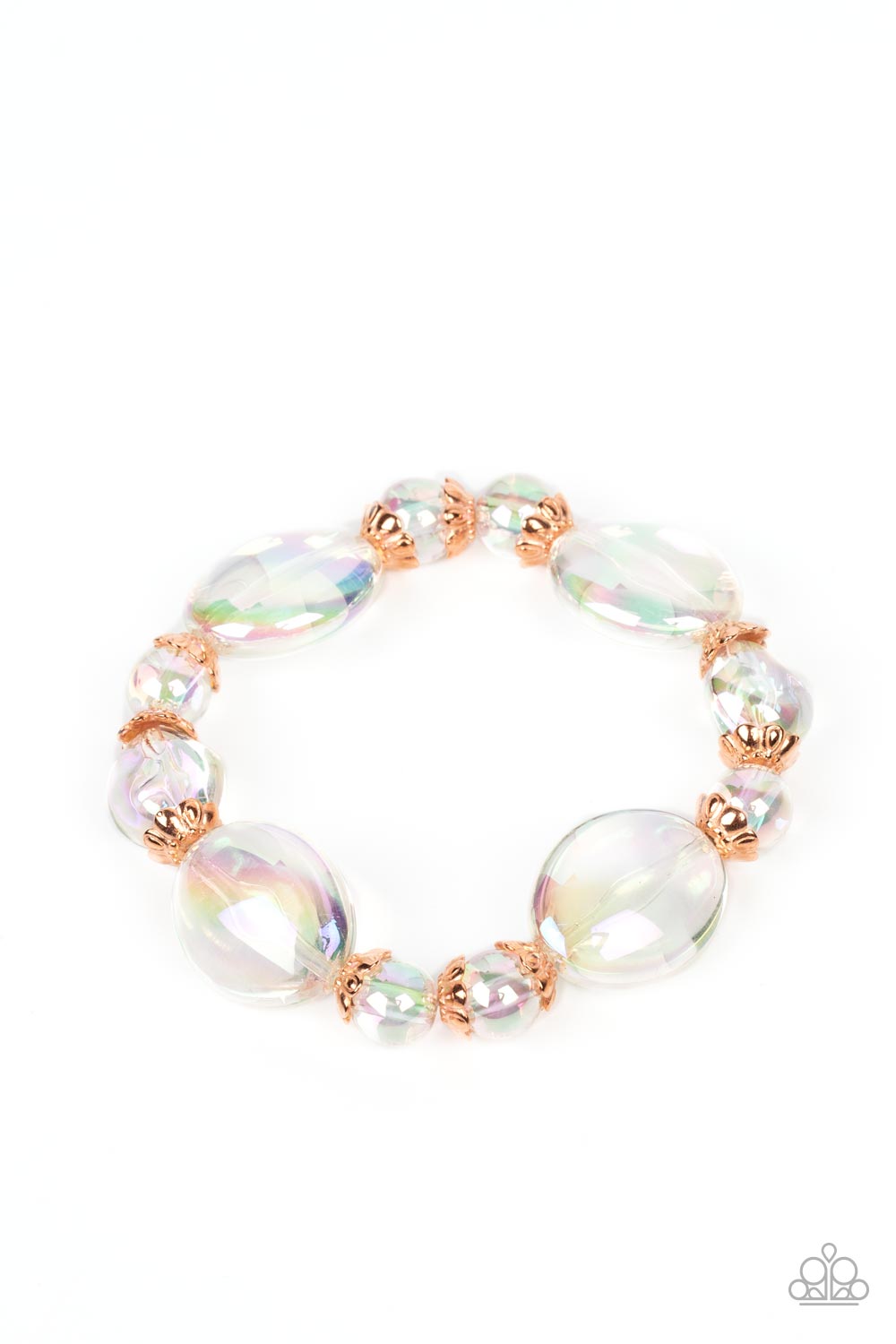 Paparazzi Accessories Iridescent Illusions - Copper Bubbly iridescent beads in varying sizes are threaded along a stretchy band, creating a glittery magical effect around the wrist. Shiny copper cap fittings encase the smaller beads, adding vintage metall