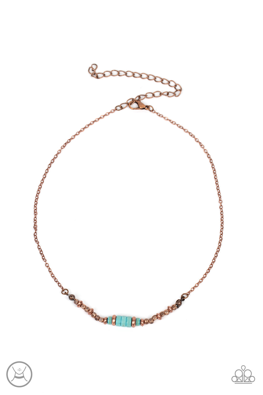 Paparazzi Accessories Retro Rejuvenation - Copper A trio of refreshing turquoise stone discs is flanked by square copper beads threaded along a dainty copper chain, creating a harmonious display around the neck. Features an adjustable clasp closure. Sold