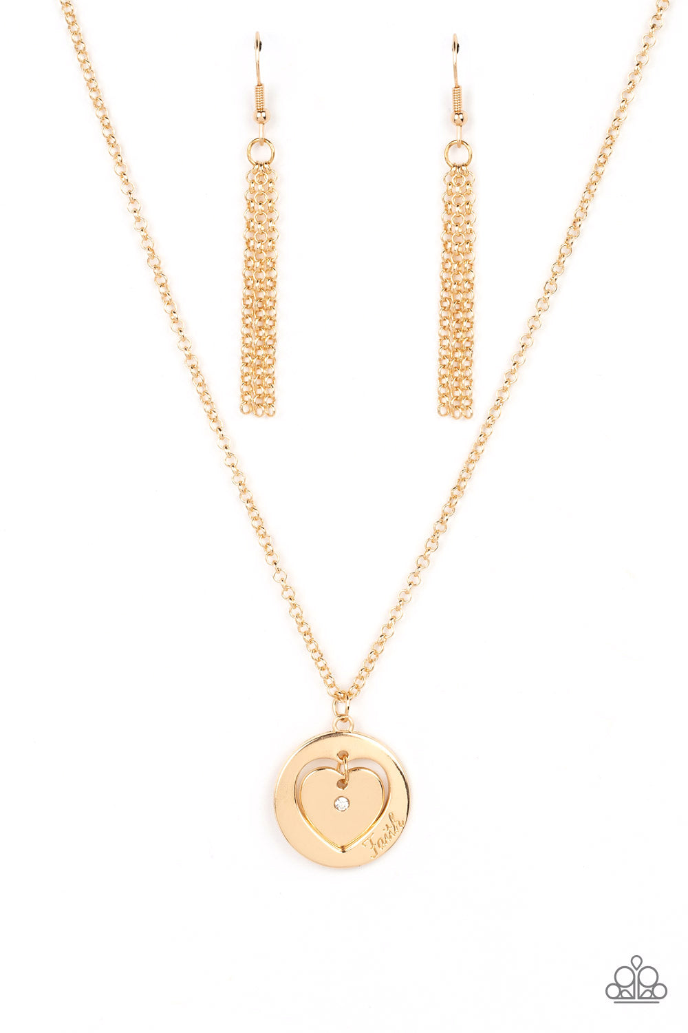 Paparazzi Accessories Heart Full of Faith - Gold Dotted with a dainty white rhinestone, a gold heart charm swings freely inside of a heart-cutout gold frame. Stamped in the word, "Faith," the inspirational pendant falls just below the collar for a sentime