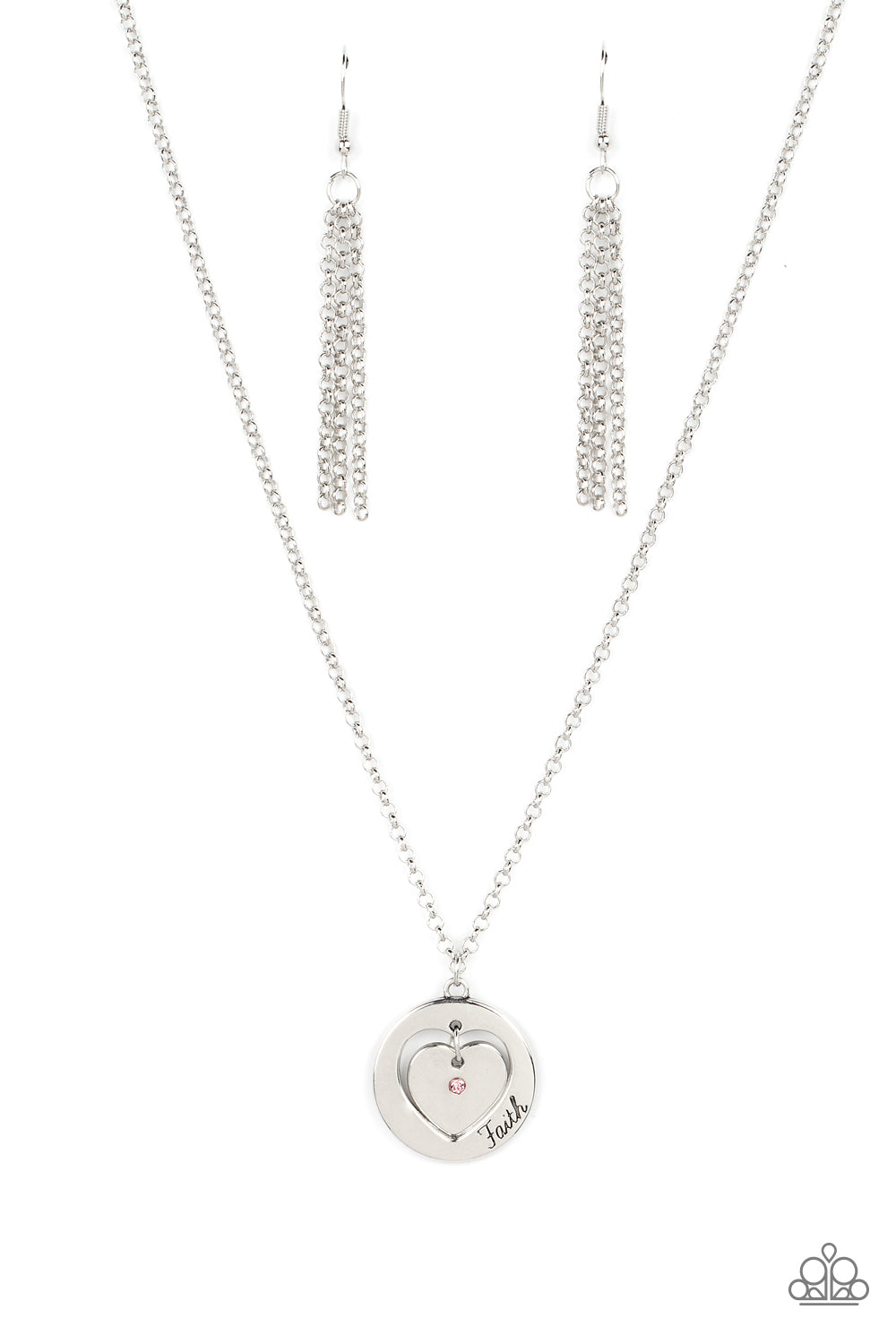 Paparazzi Accessories Heart Full of Faith - Pink Dotted with a dainty pink rhinestone, a silver heart charm swings freely inside of a heart-cutout silver frame. Stamped in the word, "Faith," the inspirational pendant falls just below the collar for a sent