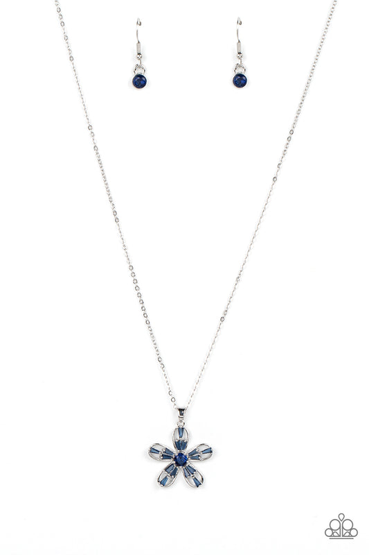 Paparazzi Accessories Botanical Ballad - Blue Emerald cut Skydiver rhinestones are scattered across the front of airy silver petals that bloom from a Skydiver rhinestone center, resulting in a sparkly floral pendant below the collar. Features an adjustabl