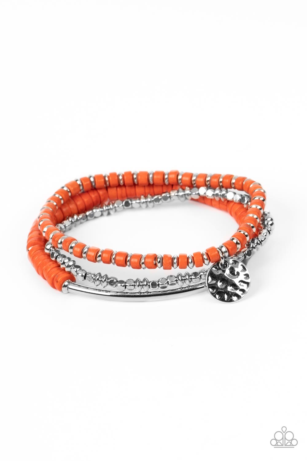 Paparazzi Accessories Terraform Trendsetter - Orange A collection of shiny silver square and oval beads, refreshing orange stone discs, a hammered silver disc, and a curved silver cylinder, are threaded along stretchy bands, making three distinctive desig