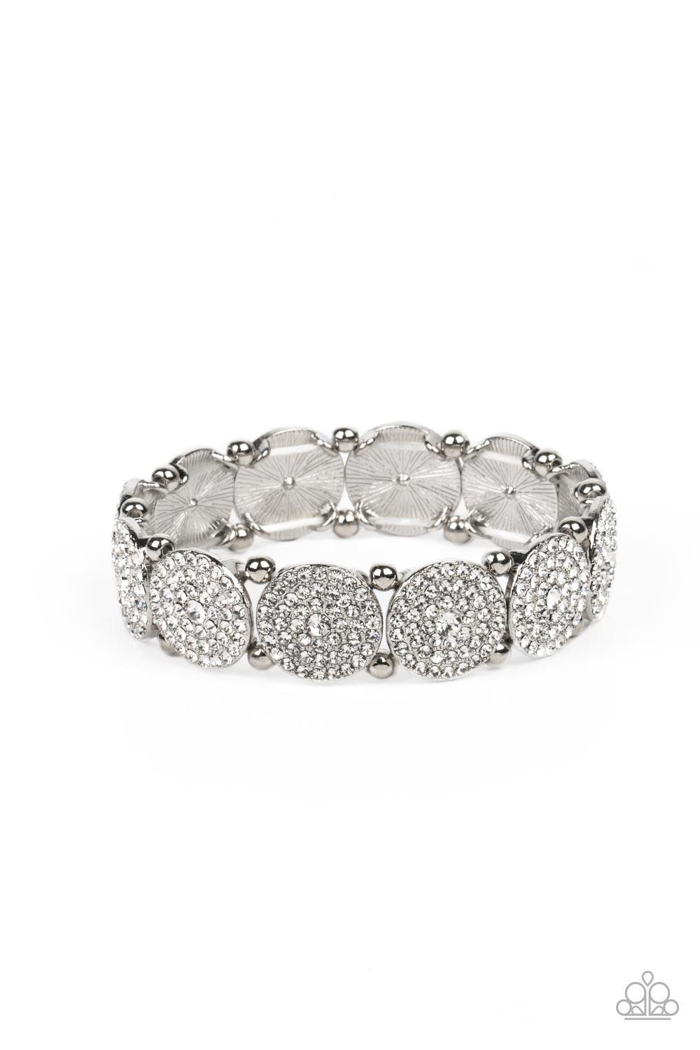 Paparazzi Accessories Palace Intrigue - White Separated by pairs of silver beads, glassy white rhinestone encrusted silver frames glitter along stretchy bands around the wrist for an out-of-this-world sparkle. Sold as one individual bracelet. Jewelry