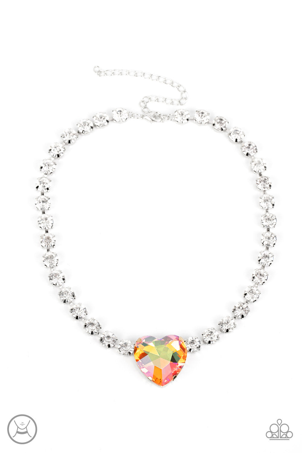 Paparazzi Accessories Heart in My Throat - Orange A dramatically oversized heart-shaped gem with a reflective, iridescent orange finish glitters at the center of a blinding row of glassy white rhinestones, resulting in a flirtatious sparkle around the nec