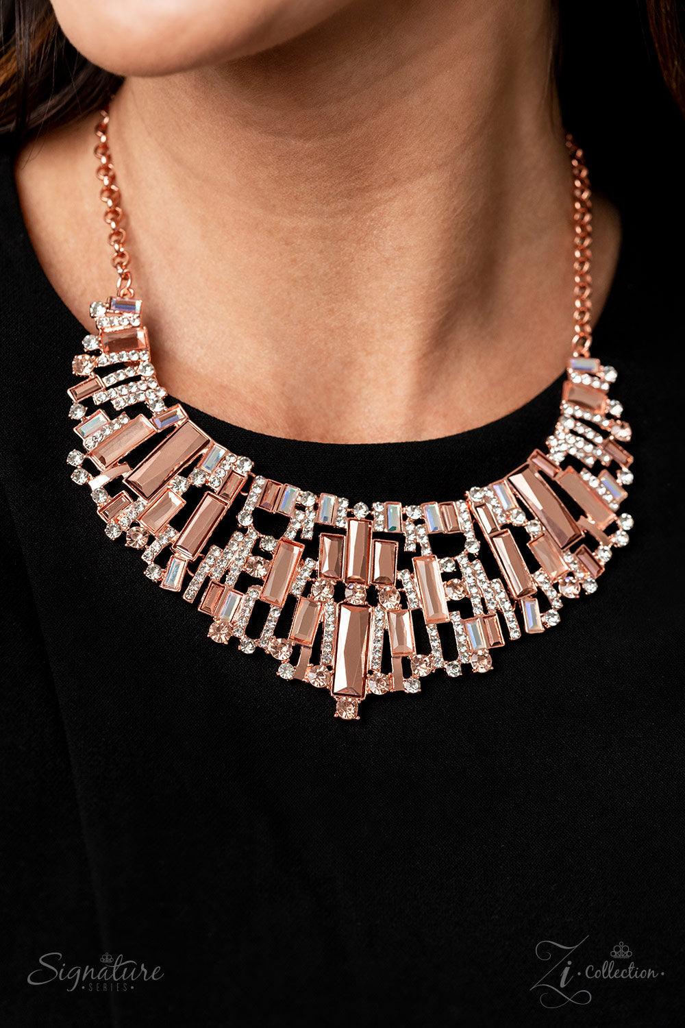 Paparazzi Accessories The Deborah An infinite display of iridescent bars, shiny copper bars with a metallic and reflective finish, white rhinestones, rhinestones with peach-colored undertones, and shiny copper bars studded with dazzling white rhinestones