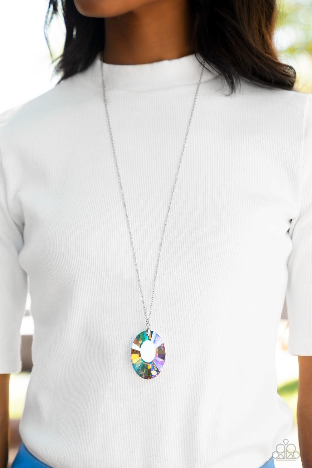 Paparazzi Accessories Celestial Essence - Multi Featuring a reflective focal point and an exaggerated faceted surface, a dramatically oversized, iridescent gem sparkles at the bottom of a lengthened silver chain for an out-of-this-world kind of dazzle. Fe