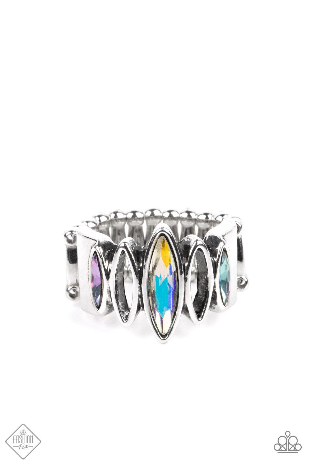 Paparazzi Accessories Distant Cosmos - Multi Featuring a stellar iridescence, marquise cut rhinestones alternate with airy silver marquise frames across the finger, coalescing into a futuristic sparkle. Features a stretchy band for a flexible fit. Due to