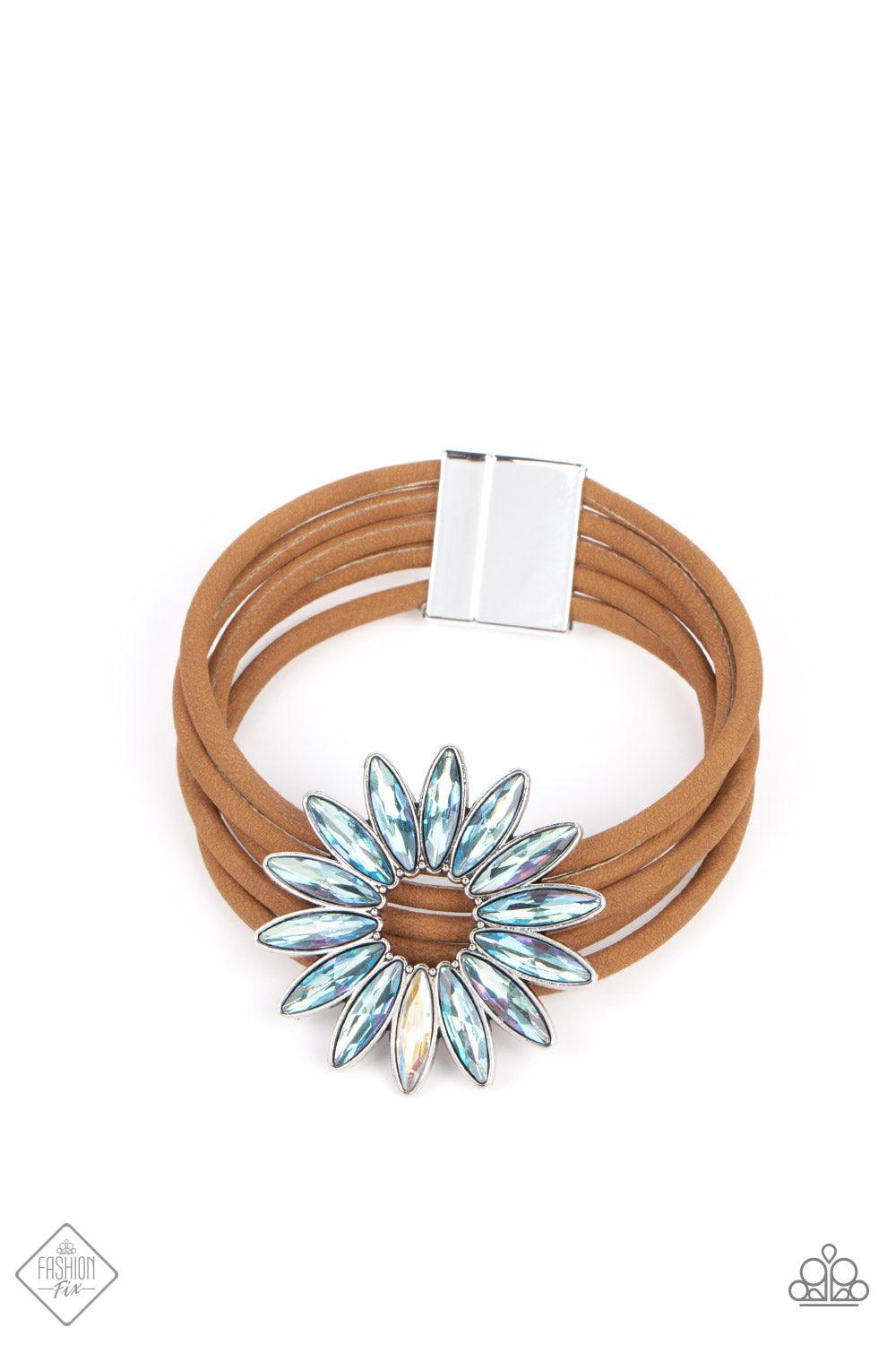 Paparazzi Accessories Astral Adventure - Multi Row after row of brown suede cords layer around the wrist. Featuring oblong marquise style cuts, an iridescent collection of rhinestones fans out into a circular focal point, resulting in a celestial centerpi