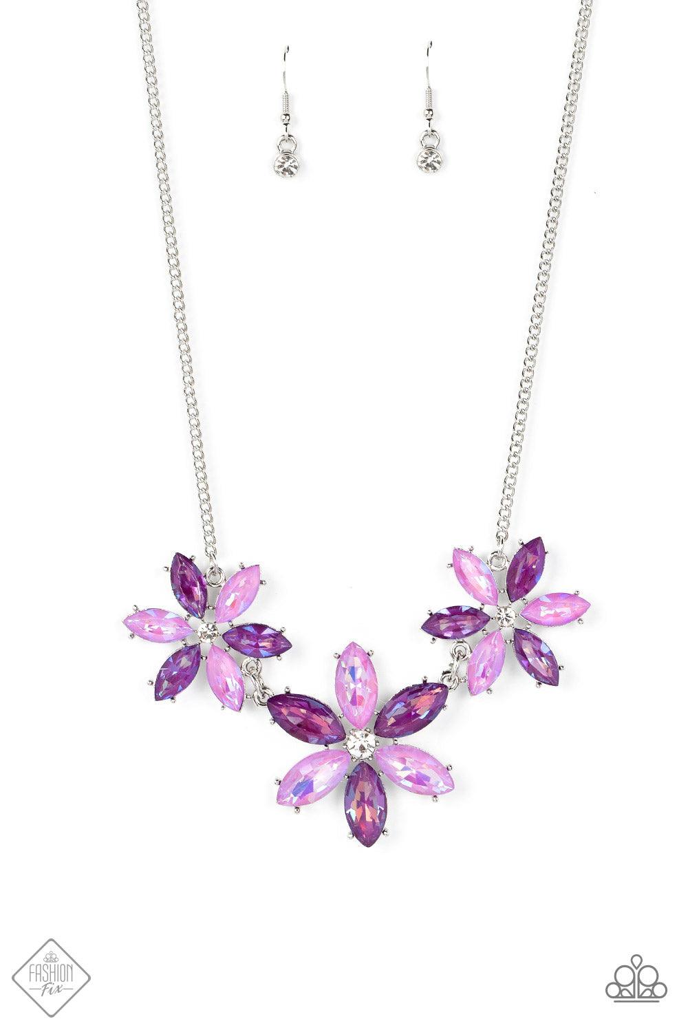 Paparazzi Accessories Meadow Muse - Purple Dark and light purple marquise cut rhinestones gather into whimsical flowers dotted with brilliant white rhinestone centers. The sparkling purple gems are set in pronged settings and connect to a dainty silver ch