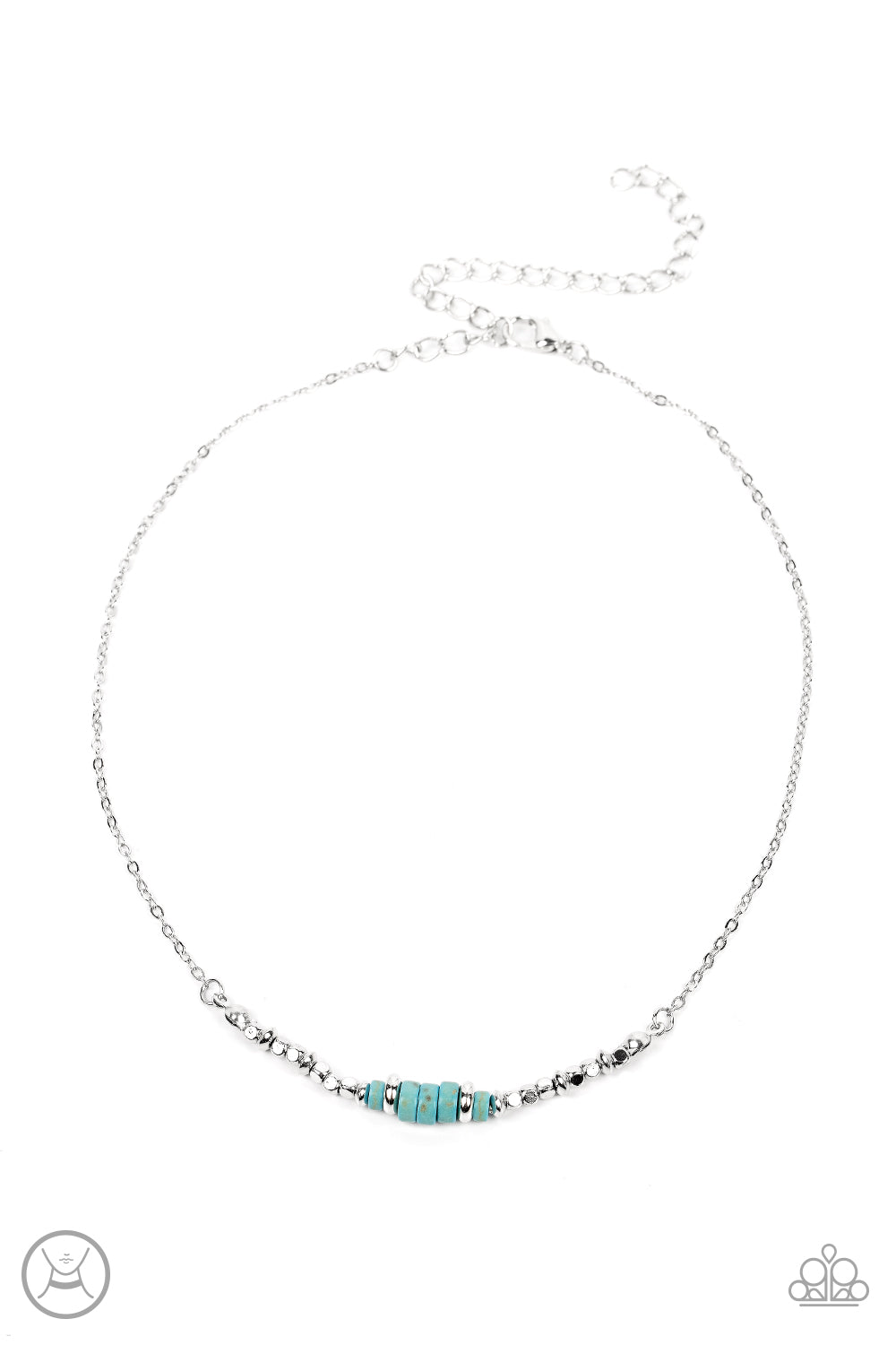Paparazzi Accessories Retro Rejuvenation - Blue A trio of earthy turquoise stone discs is flanked by square silver beads threaded along a dainty silver chain, creating a harmonious display. Features an adjustable clasp closure. Sold as one individual chok