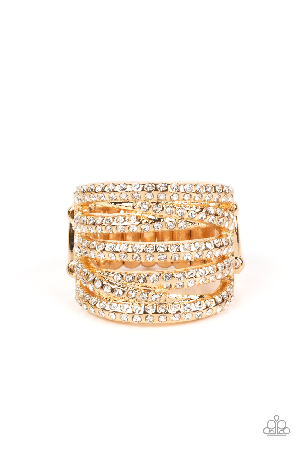 Paparazzi Accessories Knock-Out Opulence - Gold Encrusted in dainty pairs of blinding white rhinestones, row after row of glitzy gold bands stack and crisscross across the finger for a knockout look. Features a stretchy band for a flexible fit. Sold as on