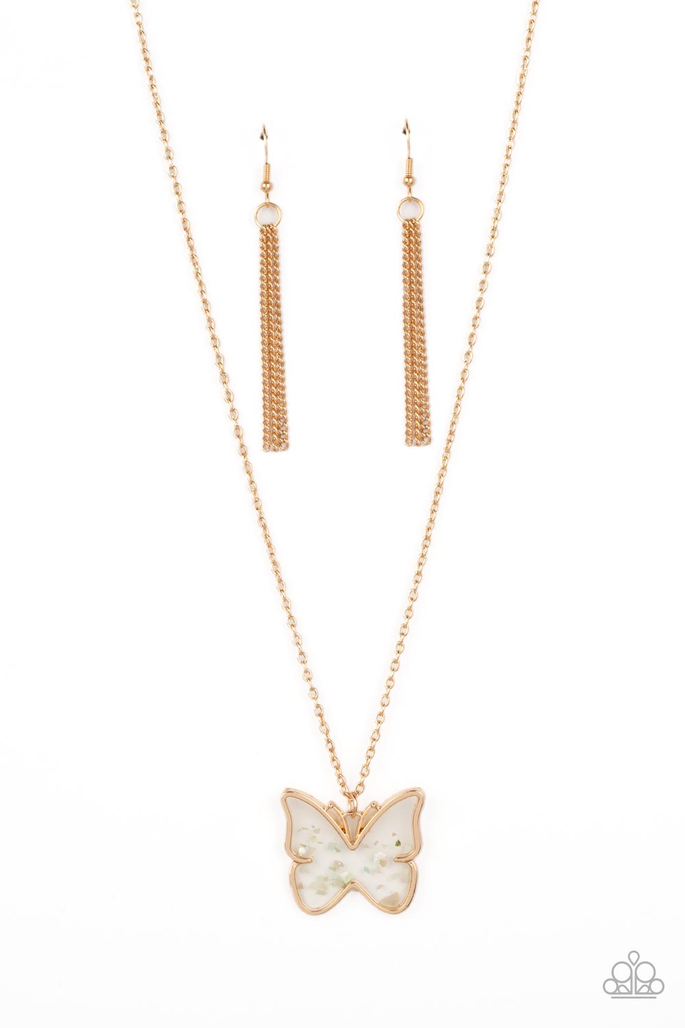 Paparazzi Accessories Gives Me Butterflies - Gold Dainty flecks of shell are encased in a glassy casing inside of a gold butterfly frame at the bottom of a shiny gold chain, creating a whimsical pendant. Features an adjustable clasp closure. Sold as one i