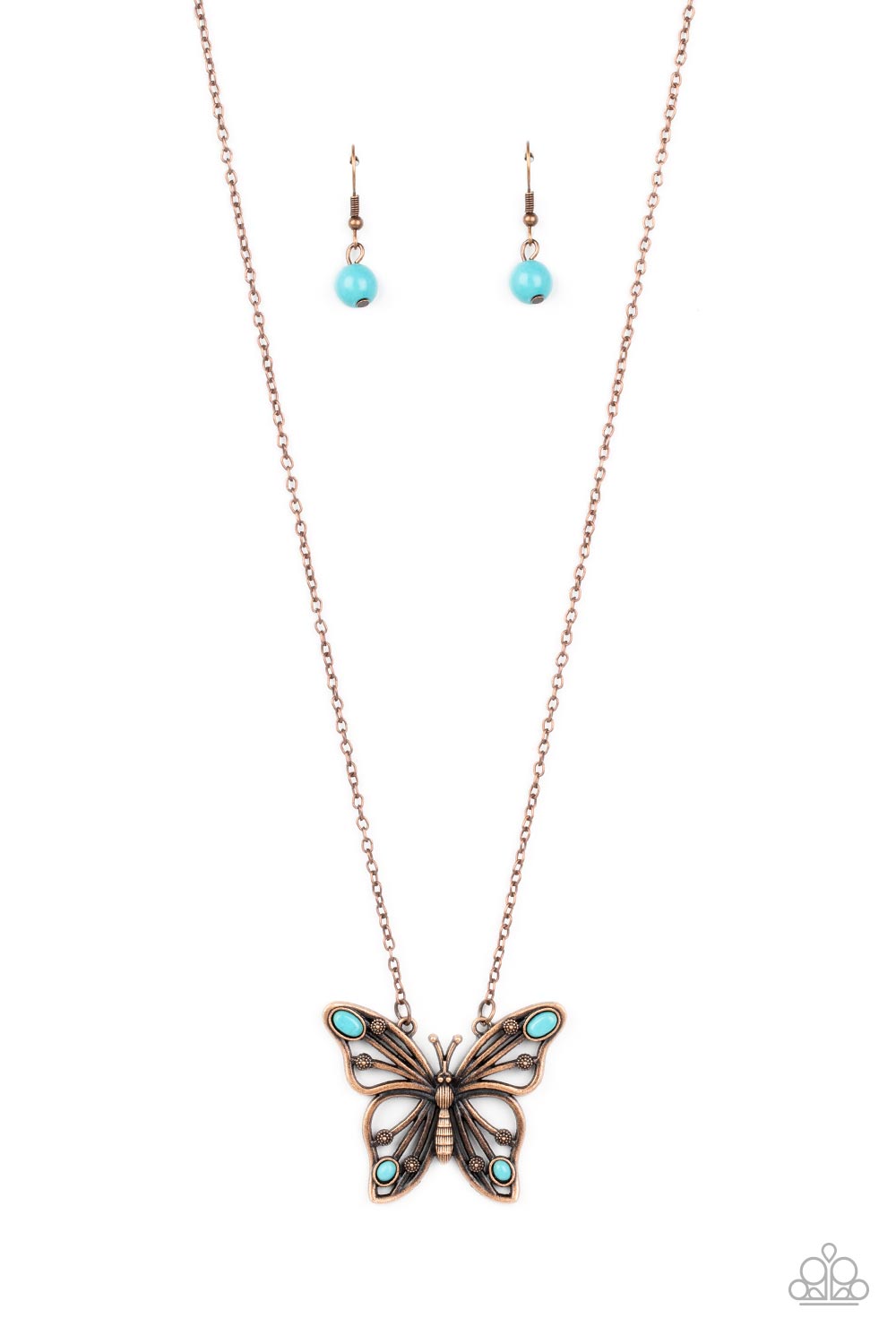 Paparazzi Accessories Badlands Butterfly - Copper Accented in oval turquoise stones, a decorative copper butterfly flutters at the bottom of a copper chain for a free-spirited finish. Features an adjustable clasp closure. Sold as one individual necklace.