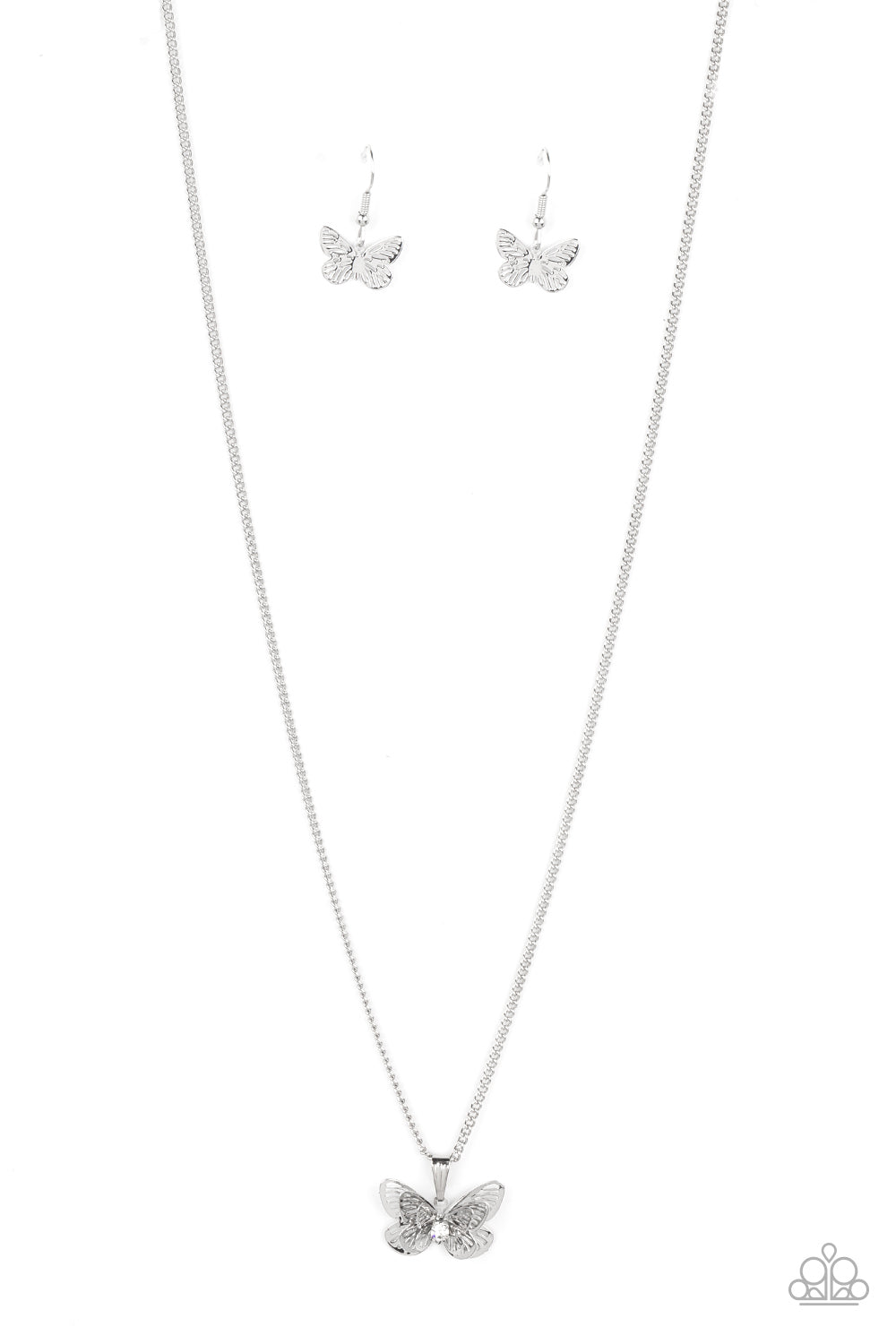 Paparazzi Accessories High-Flying Fashion - White A whimsical 3-D butterfly in a high sheen silver finish elegantly slides along a silver chain. An iridescent rhinestone is nestled at the center of the butterfly's wings, adding a hint of sparkle to the de