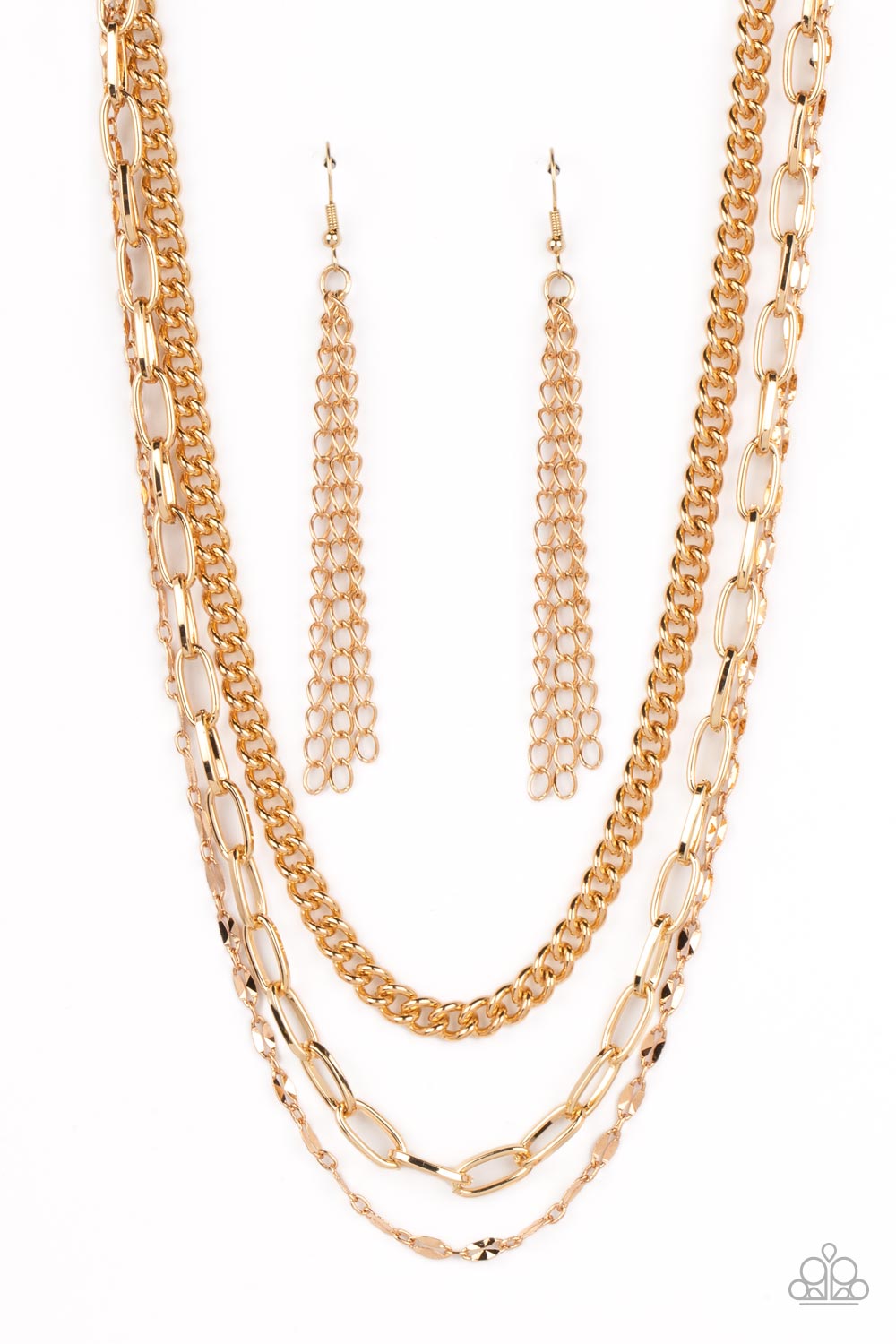 Paparazzi Accessories Galvanized Grit - Gold Three different kinds of weighted gold chains layer down the neck to create a gritty, edgy statement piece. Features an adjustable clasp closure. Sold as one individual necklace. Includes one pair of matching e