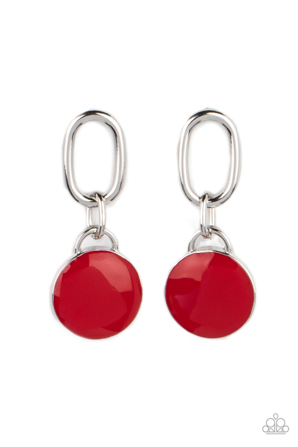 Paparazzi Accessories Drop a TINT - Red A disc painted in true red enamel is set in a simple silver frame, where it sways from the bottom of an oblong silver link to create a charming modern lure. Earring attaches to a standard post fitting. Sold as one p
