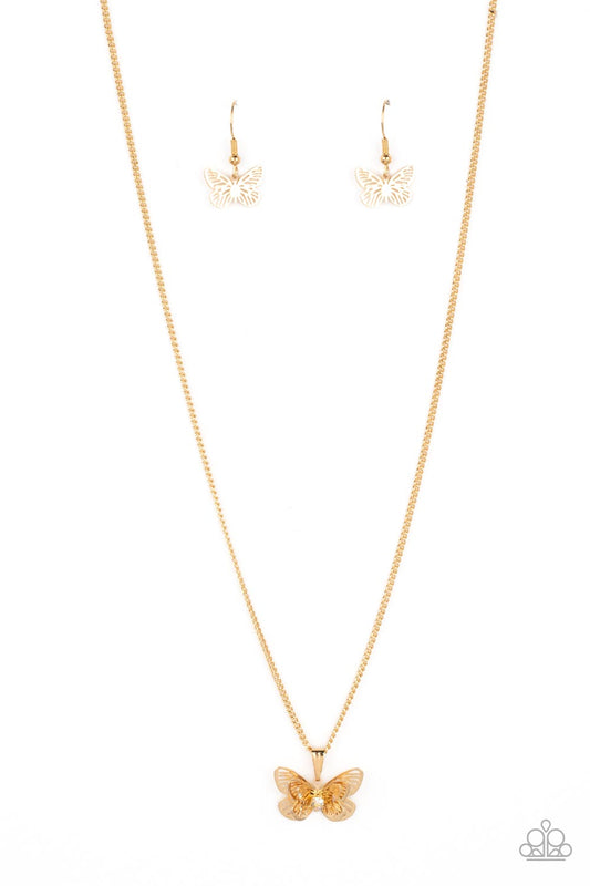 Paparazzi Accessories High-Flying Fashion - Multi A whimsical 3-D butterfly in a high sheen golden finish elegantly slides along a gold chain. An iridescent rhinestone is nestled at the center of the butterfly's wings, adding a hint of sparkle to the desi