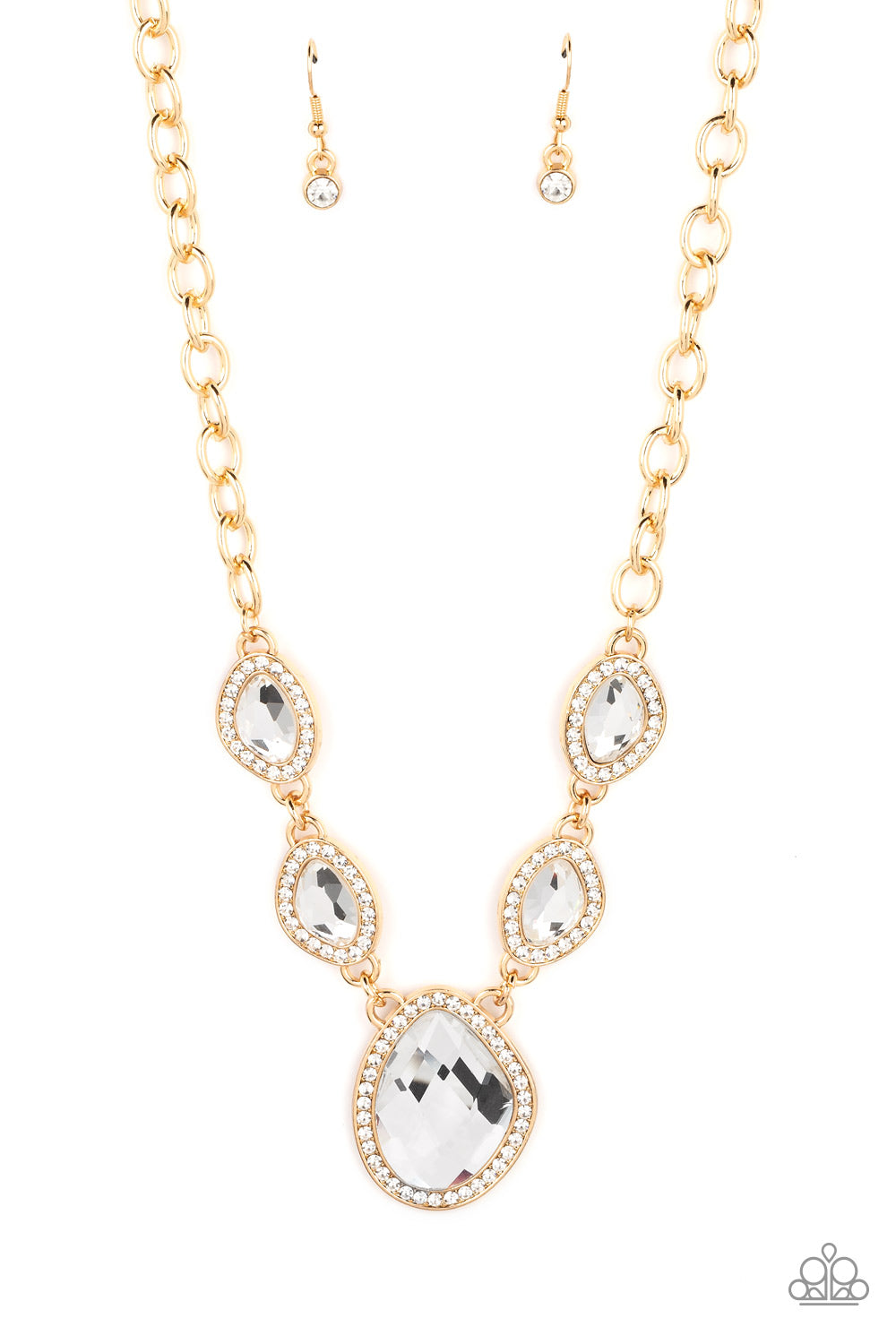 Paparazzi Accessories The Upper Echelon - Gold Bordered in gold frames dotted with tiny flecks of white rhinestones, a pair of asymmetrical white gems delicately link into a spellbinding sparkle around the neck. Features an adjustable clasp closure. Sold