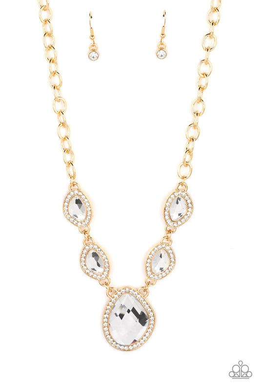 Paparazzi Accessories The Upper Echelon - Gold Bordered in gold frames dotted with tiny flecks of white rhinestones, a pair of asymmetrical white gems delicately link into a spellbinding sparkle around the neck. Features an adjustable clasp closure. Sold