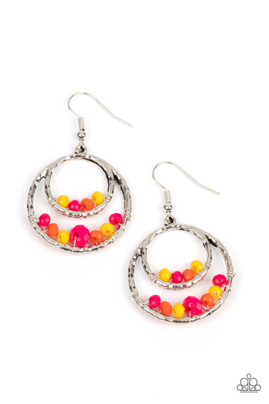 Paparazzi Accessories Bustling Beads - Multi A pair of airy silver circles are hammered in high sheen texture as they overlap inside one another. A row of vibrant multicolored beads lines the bottom of each circular frame, adding a bold pop of color. Earr