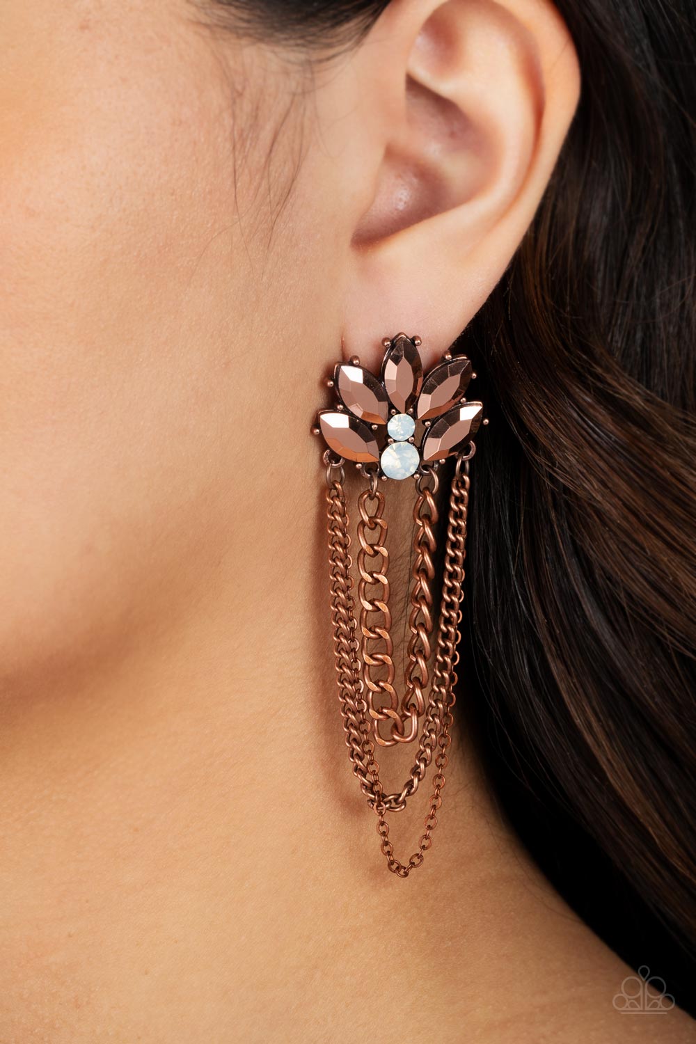 Paparazzi Accessories Reach for the SKYSCRAPERS - Copper Marquise-cut beads in a coppery metallic finish fan out from a pair of white rhinestones to create a dramatic display. Strands of copper chains drape from the metallic fixture, creating swaying move