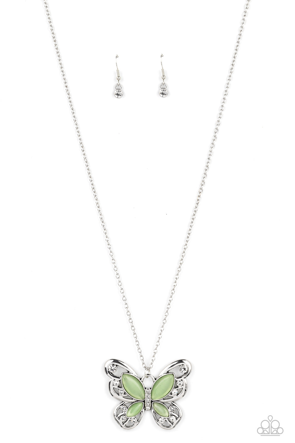 Paparazzi Accessories Wings Of Whimsy - Green Swirls of silver filigree curl into the shape of a butterfly, creating a whimsical pendant that swings from the bottom of a long silver chain. Glassy green cat's eye stones layer atop the silver filigree, addi