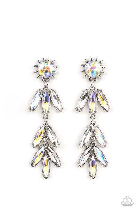 Paparazzi Accessories Space Age Sparkle - Yellow A silver sunburst frame wraps around a yellow iridescent gem as it gives way to an explosion of marquise-cut rhinestones in the same dreamy finish. The oblong frames swing dramatically from the ear, capturi